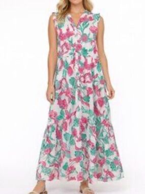 Draper James rsvp Pink & Green Floral Tiered Maxi Dress xxl